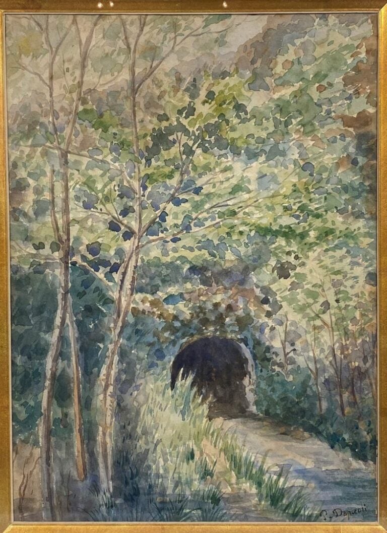 Ecole du XXe siècle - Vue d'un pont et vue d'un chemin en forêt - Deux aquarell…