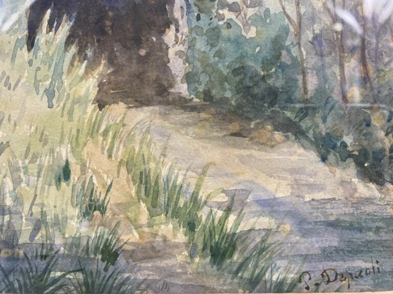 Ecole du XXe siècle - Vue d'un pont et vue d'un chemin en forêt - Deux aquarell…