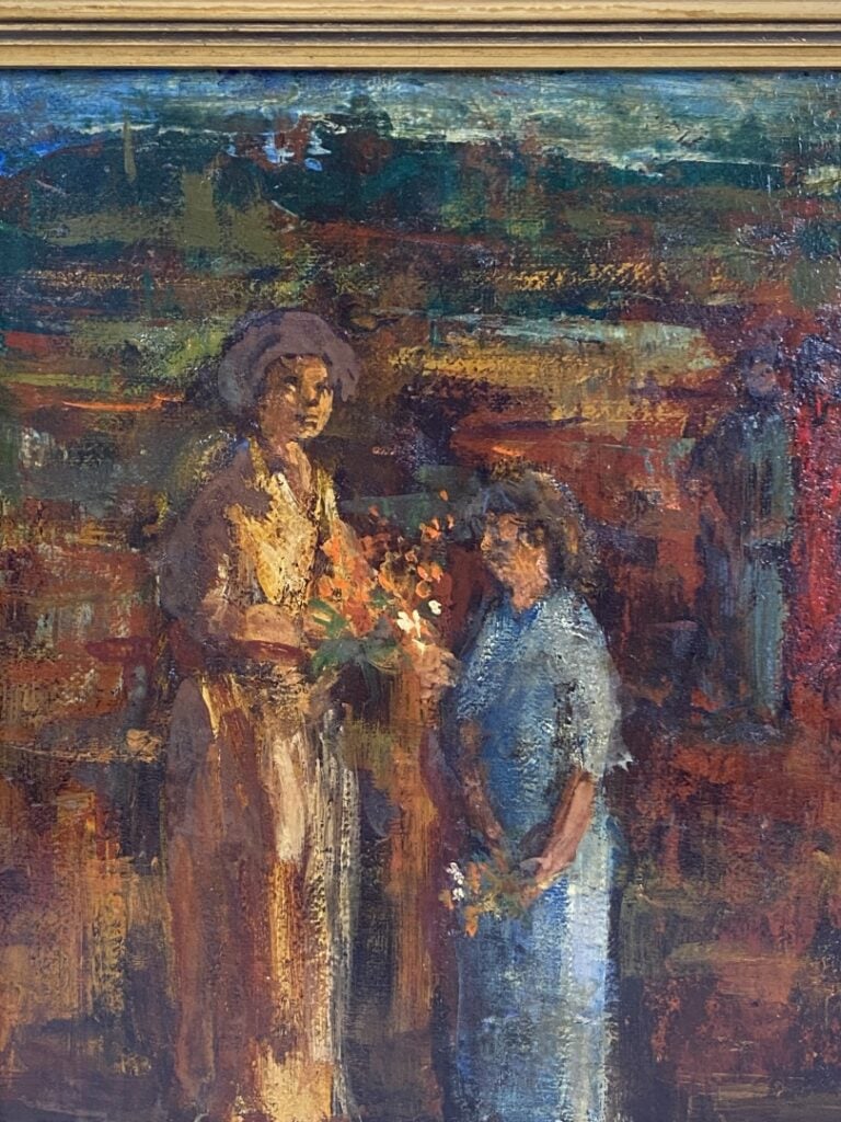 Ecole du XXème siècle - Femme et enfant dans un paysage - Huile sur carton