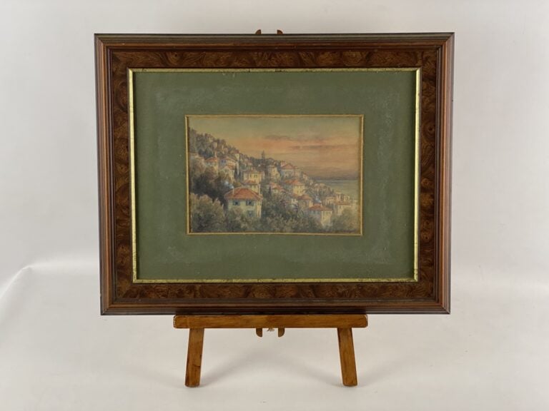 Ecole du XXème siècle - Vue de village en bord de mer - Aquarelle - Signée en b…