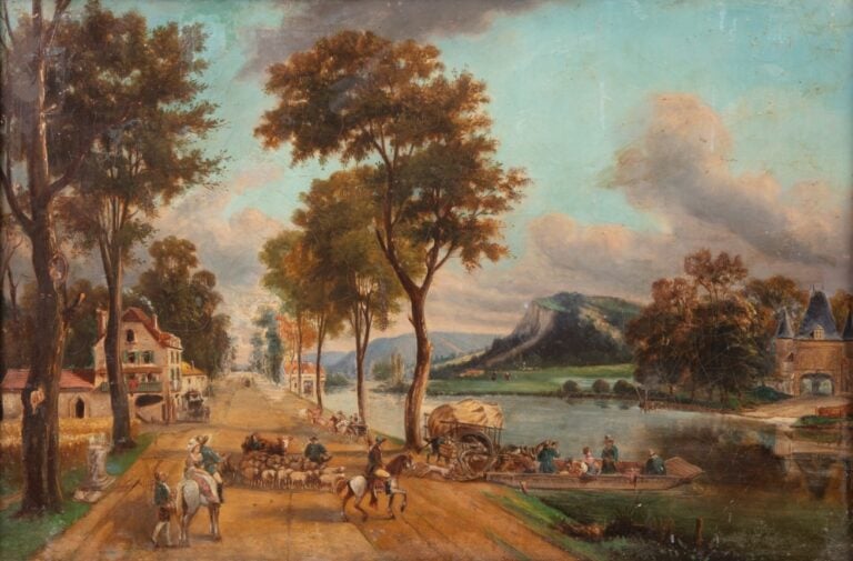 Ecole française, dans le goût de Jean-Louis Demarne. - Scène de village - Huile…