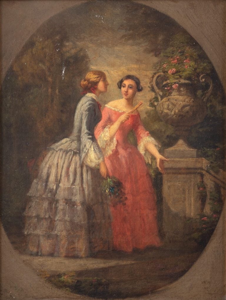 Ecole Française de XIXème. - Deux jeunes femmes en robe. - Huile sur Toile. - 4…