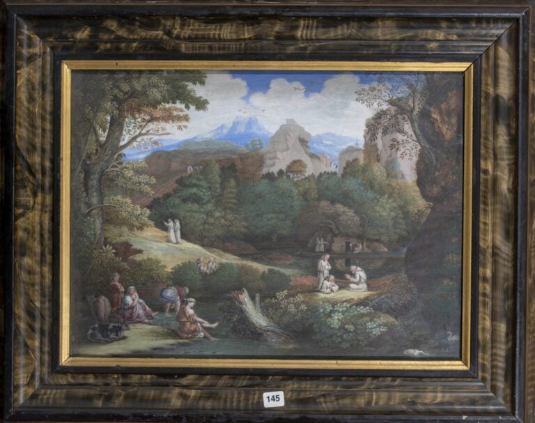 Ecole française du 17ème siècle Paysage avec des moines Gouache (écaillures) -…