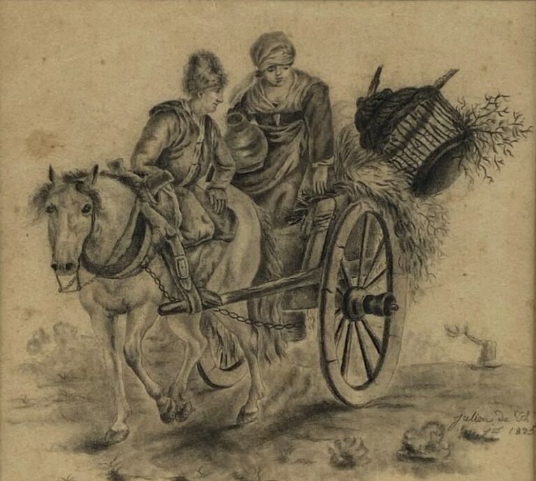 Ecole française du premier tiers du XIXe siècle - Couple de paysan à la charret…
