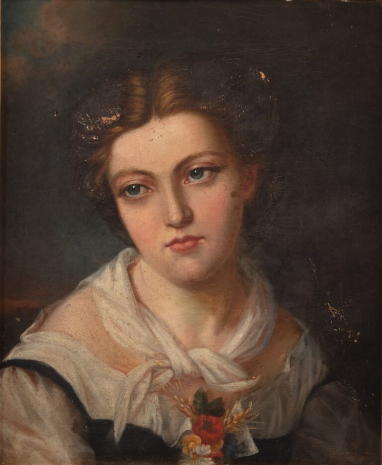 Ecole française du premier tiers du XIXe siècle - Jeune fille au bouquet - Huil…