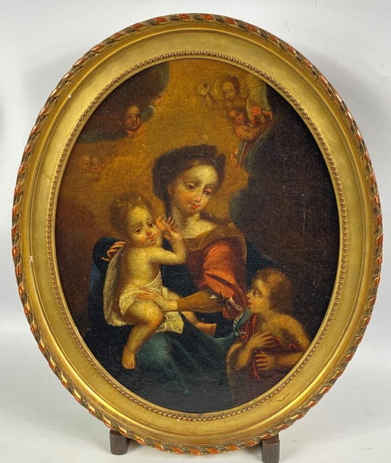 Ecole française du XVIIe siècle - Vierge à l'enfant avec le jeune saint Jean-Ba…