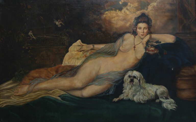 Ecole française - Femme nue allongée, accompagnée d'un chien - Huile sur toile,…