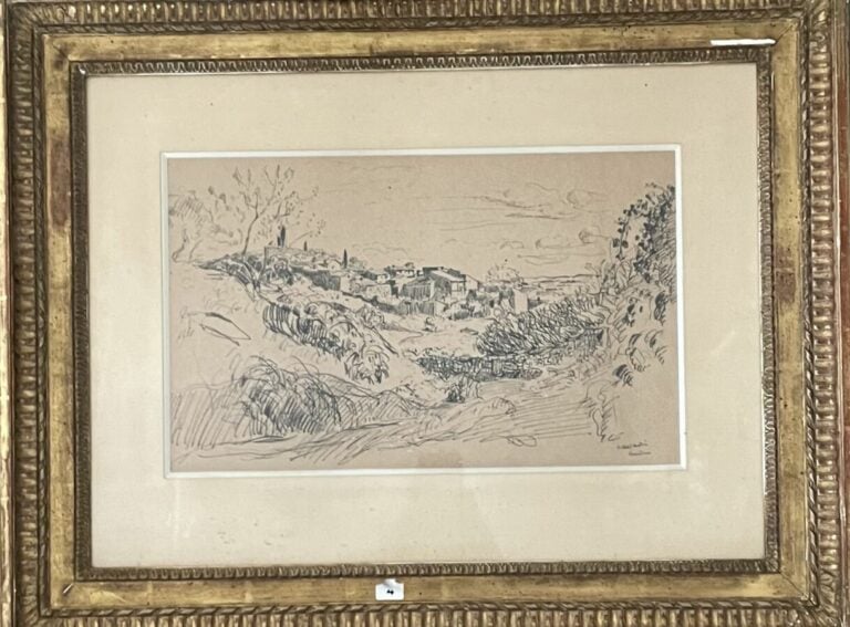 Ecole française - Vue de village - Encre, signée en bas à droite - 24.5 x 40 cm…