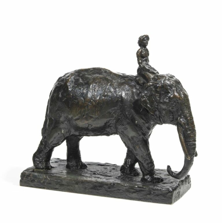 Ecole française XXème - " Éléphant et son cornac" - Bronze patiné - 26 x 26 x 1…
