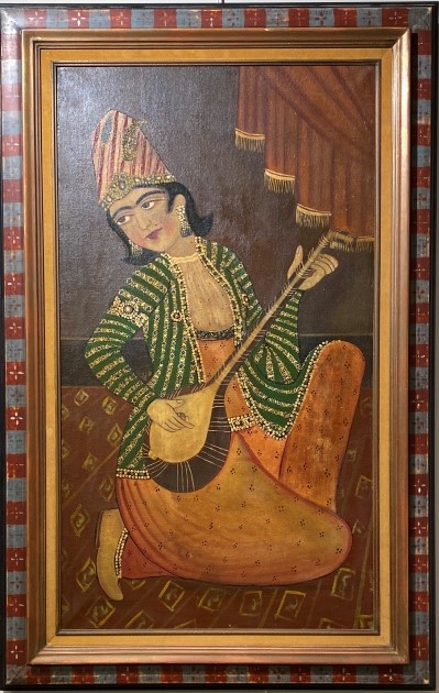 Ecole indienne du XXe siècle - Musicienne jouant du luth - Huile sur toile - 11…