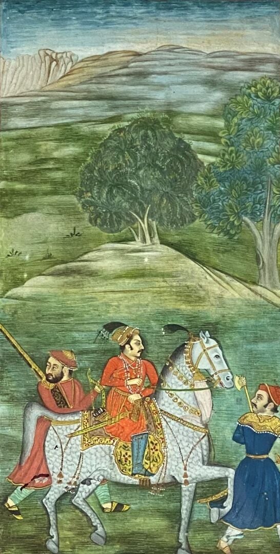 Ecole indo-persane - Page de manuscrit figurant un cavalier escorté par deux ga…