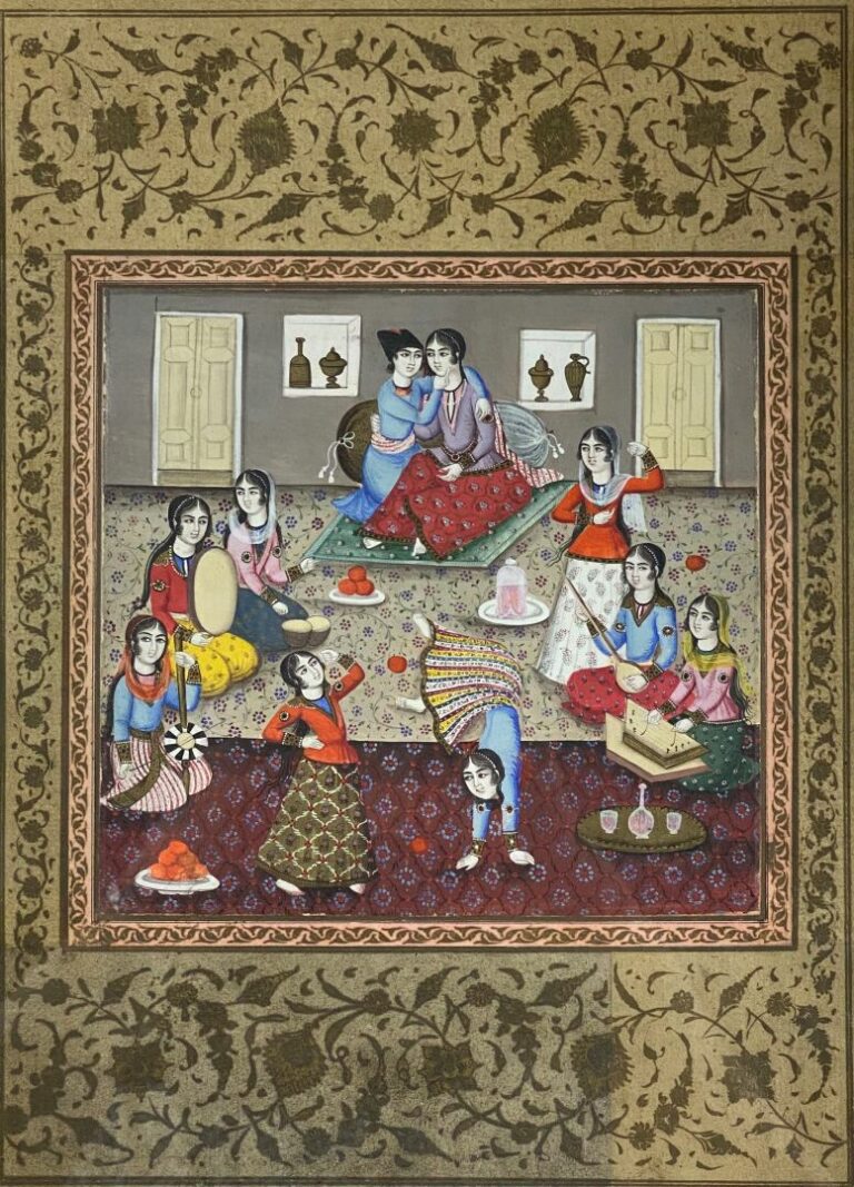 Ecole indo-persane - Page de manuscrit figurant une scène de cour avec femmes d…