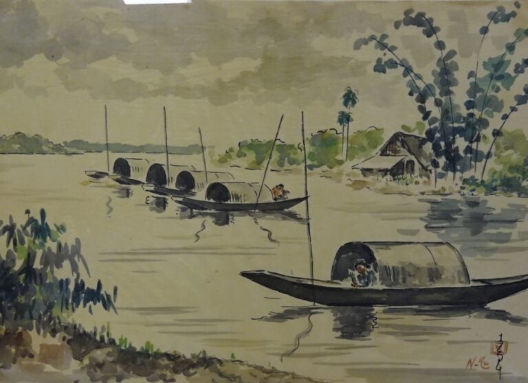 ECOLE INDOCHINOISE / VIETNAMIENNE - Sampans sur rivière - Peinture sur tissus -…