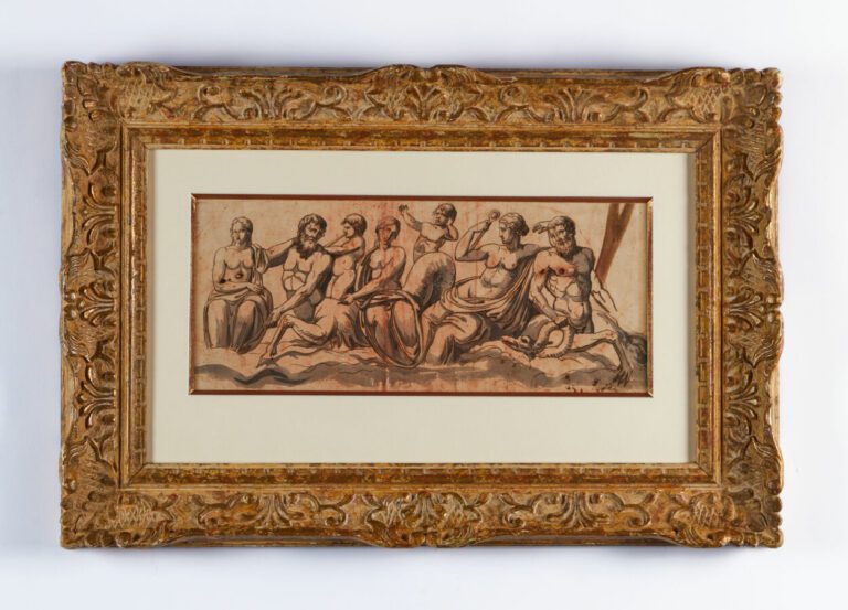 Ecole Italienne - "Bacchanale" - Encre, lavis et sanguine - 18 x 43 cm