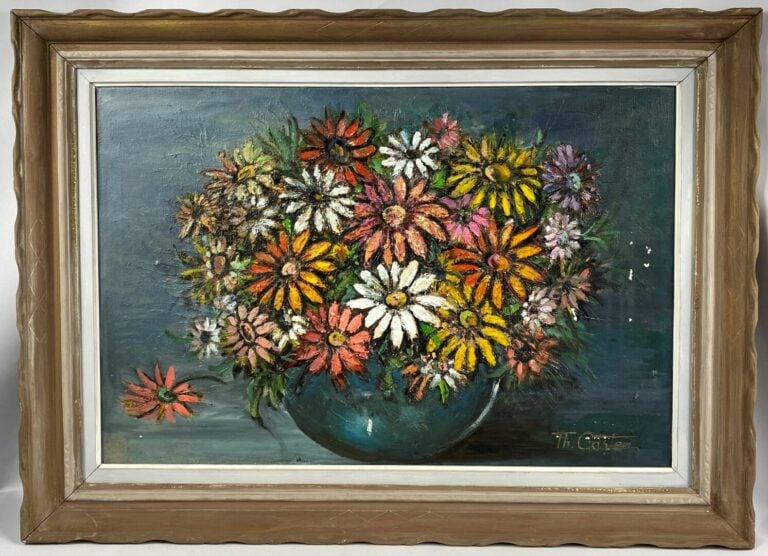 Ecole moderne - Bouquet de fleurs - Huile sur toile, signature en bas à droite…