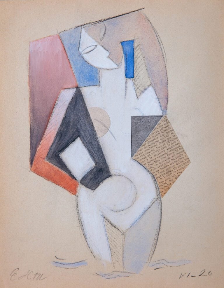 Ecole moderne - Composition avec personnage - Technique mixte sur papier - Sign…