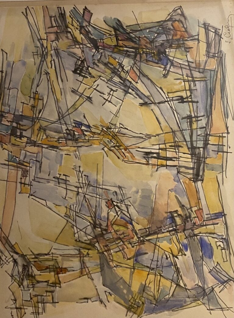 Ecole moderne - Composition - Crayon et aquarelle sur papier - Signature en bas…