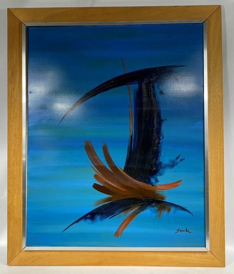 Ecole moderne - Composition sur fond bleu, signé en bas à droite Savek - 81 x 6…