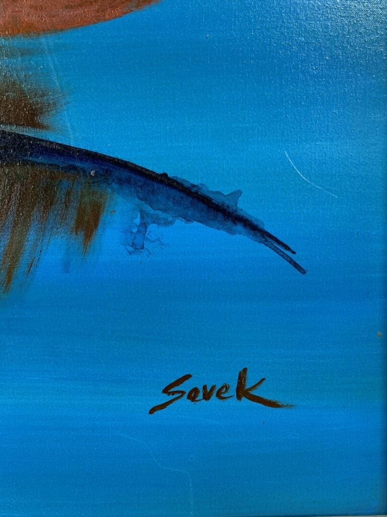 Ecole moderne - Composition sur fond bleu, signé en bas à droite Savek - 81 x 6…