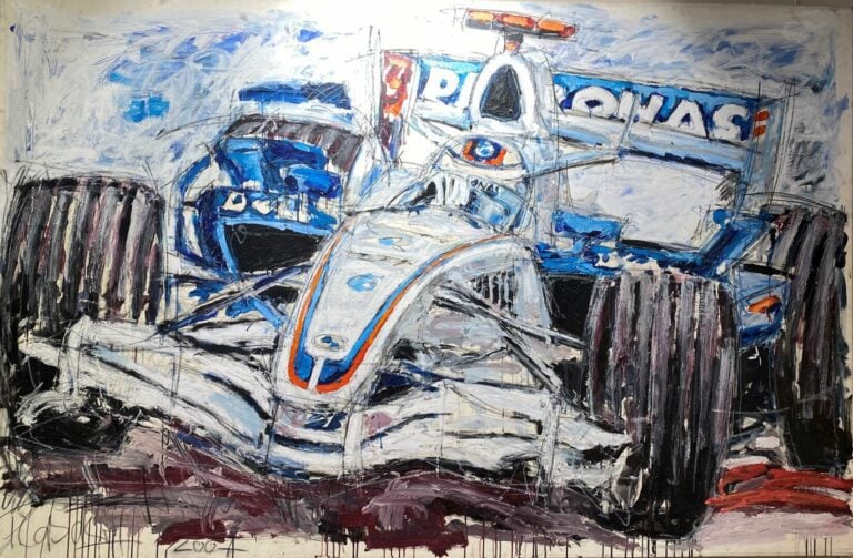 Ecole moderne - Formule 1 - Acrylique sur toile, signature en bas à gauche et d…