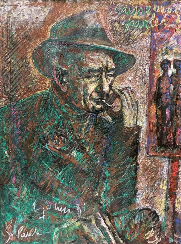 Ecole moderne - Portrait d'homme au chapeau - Technique mixte sur papier fort -…