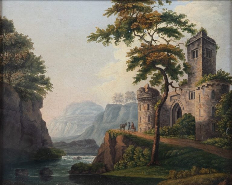 Ecole romantique vers 1830 - Paysage au château - Huile sur toile - 28 x 35 cm…
