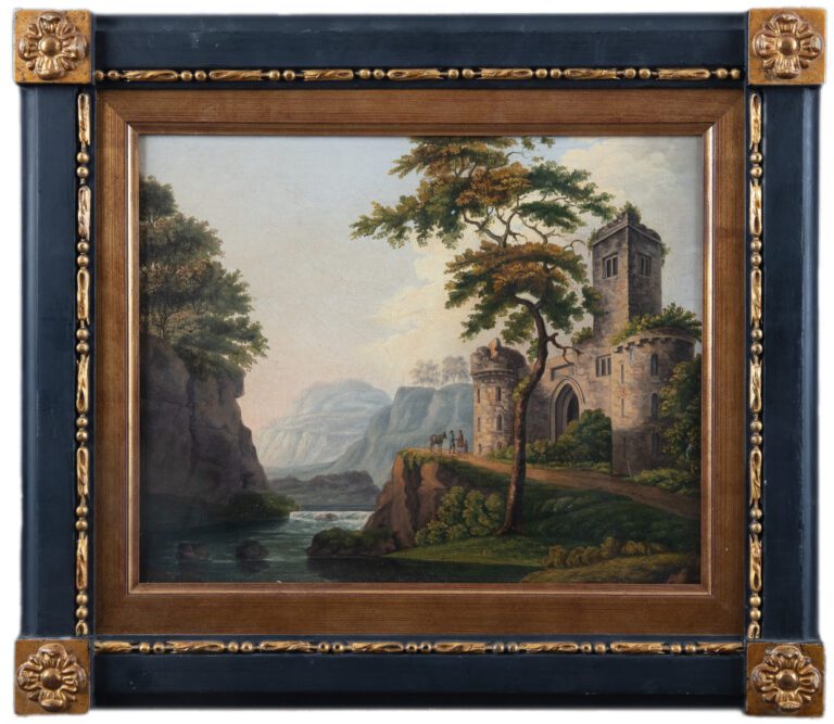 Ecole romantique vers 1830 - Paysage au château - Huile sur toile - 28 x 35 cm…