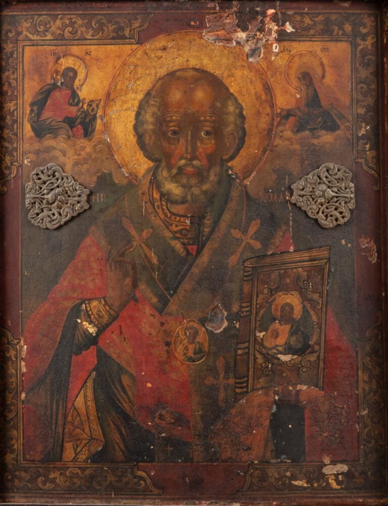 Ecole russe du XIXème sècle. - Saint-Nicolas - Tempera sur bois (accidents et m…