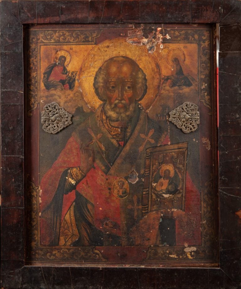 Ecole russe du XIXème sècle. - Saint-Nicolas - Tempera sur bois (accidents et m…