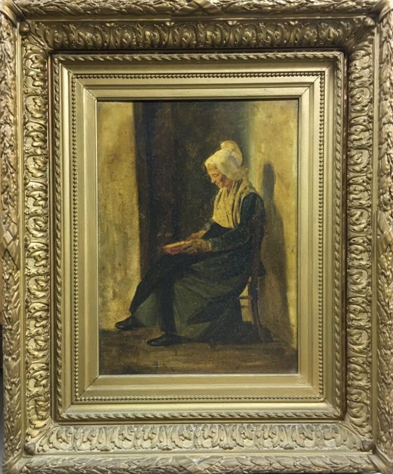 Ecole vers 1900. - Portrait de femme assise - Huile sur panneau. - 41 x 30 cm.