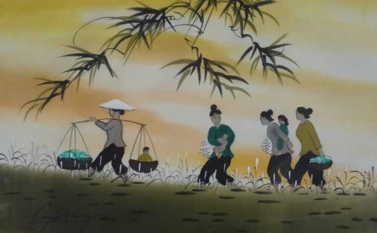 ECOLE VIETNAMIENNE - Ensemble de trois peintures sur tissus - Promenades et pay…