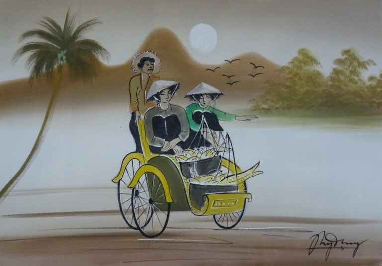 ECOLE VIETNAMIENNE - Ensemble de trois peintures sur tissus - Promenades et pay…
