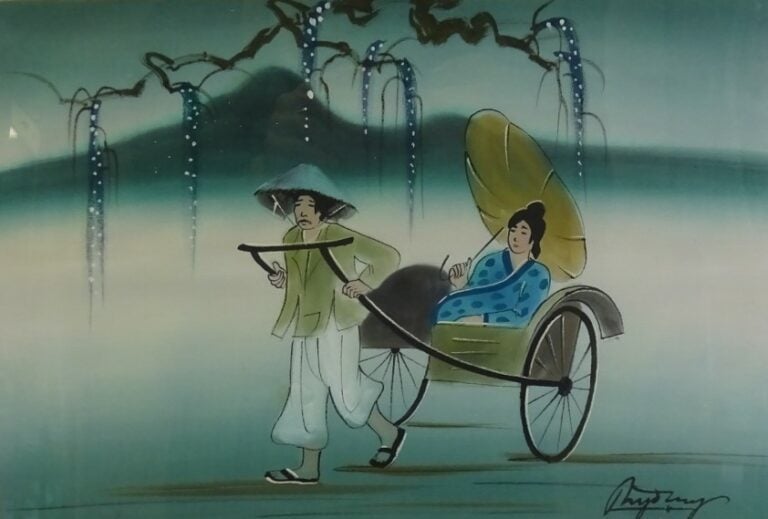 ECOLE VIETNAMIENNE - Ensemble de trois peintures sur tissus - Promenades et pay…