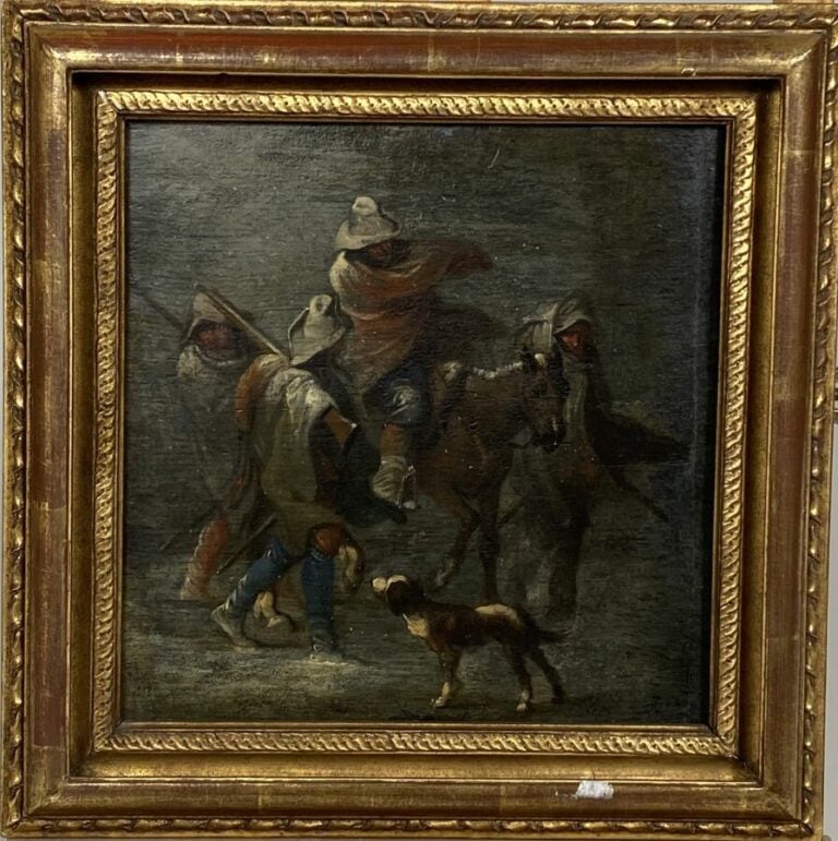 Ecole XIXème - Fuite sous la neige - Huile sr panneau - 20.5 x 20 cm