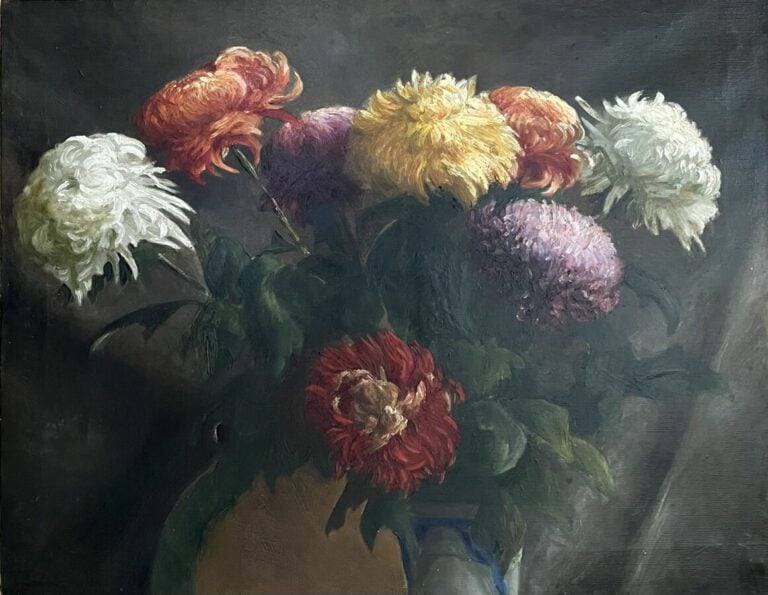 Ecole XXème - Dalhias - Huile sur toile - 54 x 69 cm