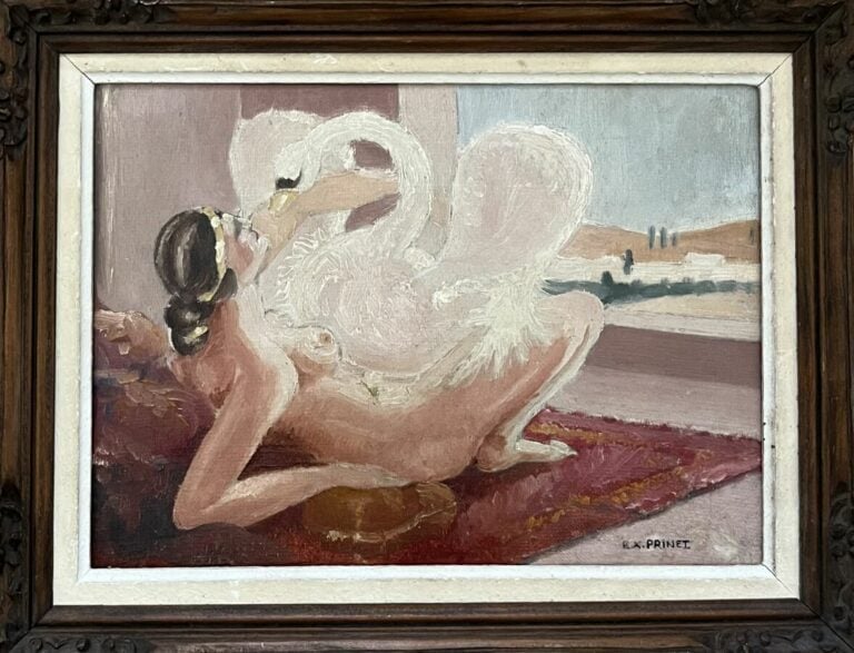 Ecole XXème - Léda et le cygne - Huile sur toile, signée en bas à droite RX PRI…