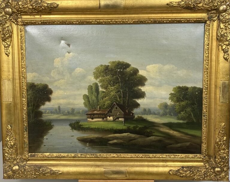 Ecole XXème - Paysage à la maison en bord de rivière - Huile sur toile (acciden…