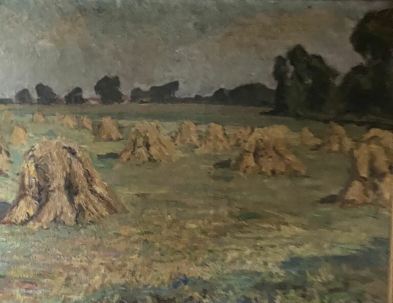 Ecole XXème - Paysage aux meules - Huile sur toile - 60 x 74 cm