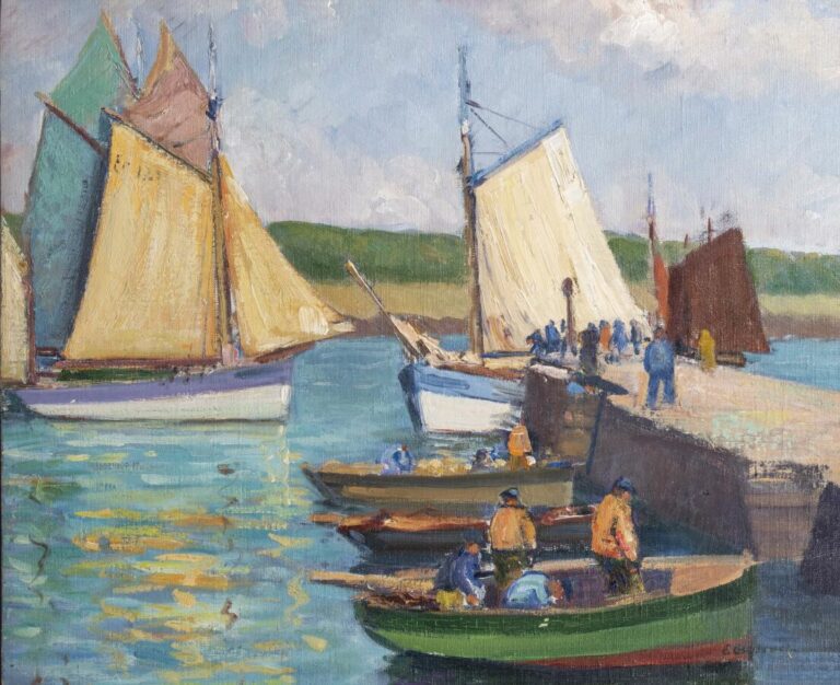 Edouard GUYONNET (1885-1980) - Le départ de pêche à Concarneau - Huile sur toil…