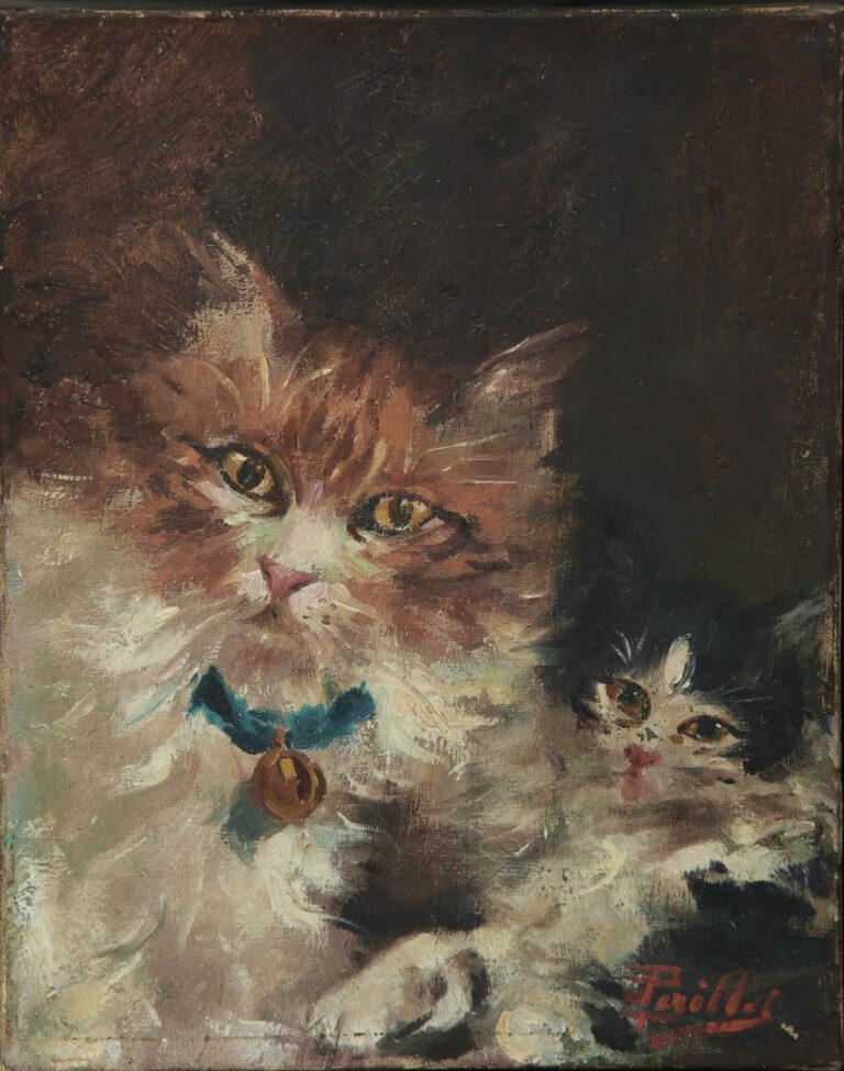 Edouard PAILLET (1859-1925). - Deux chats - Huile sur toile signée en bas à gau…