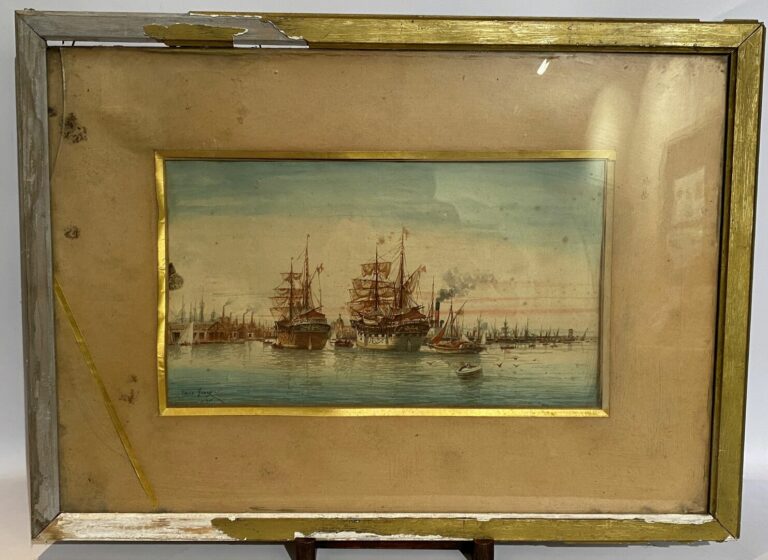 Émile HENRY (1842-1920) - Vue du port - Aquarelle sur papier, signé en bas à ga…
