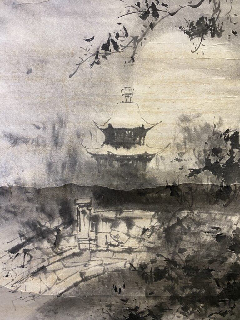 ENCRE SUR PAPIER - Sage sur une barque dans un paysage lacustre - Montée en kak…
