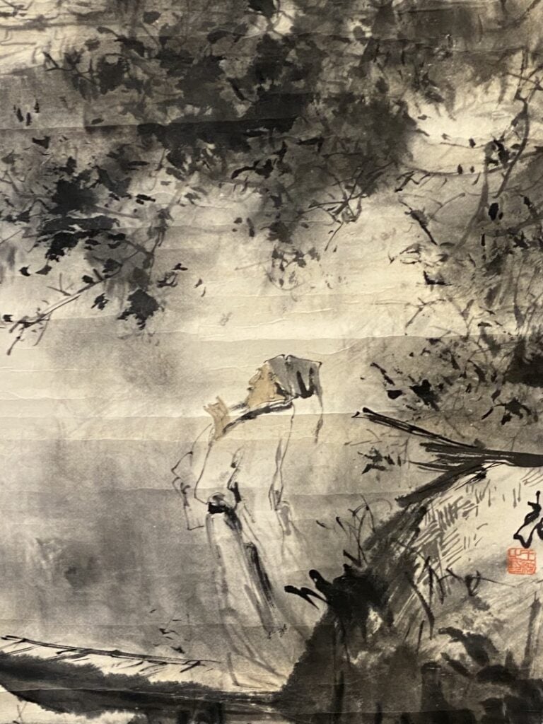 ENCRE SUR PAPIER - Sage sur une barque dans un paysage lacustre - Montée en kak…