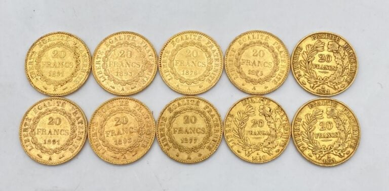 Ensemble de 10 pièces de 20 Francs or comprenant : - - -1 pièce de 20 Francs or…