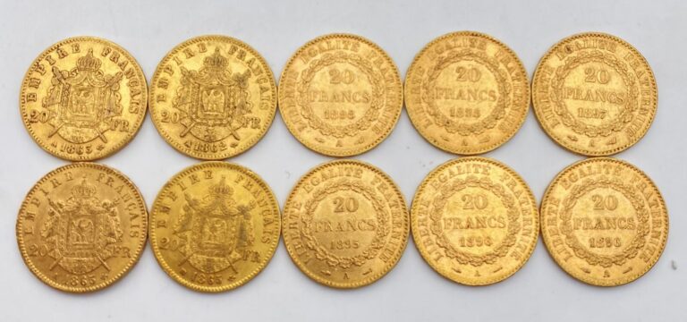 Ensemble de 10 pièces de 20 Francs or comprenant : - - -1 pièce de 20 Francs or…