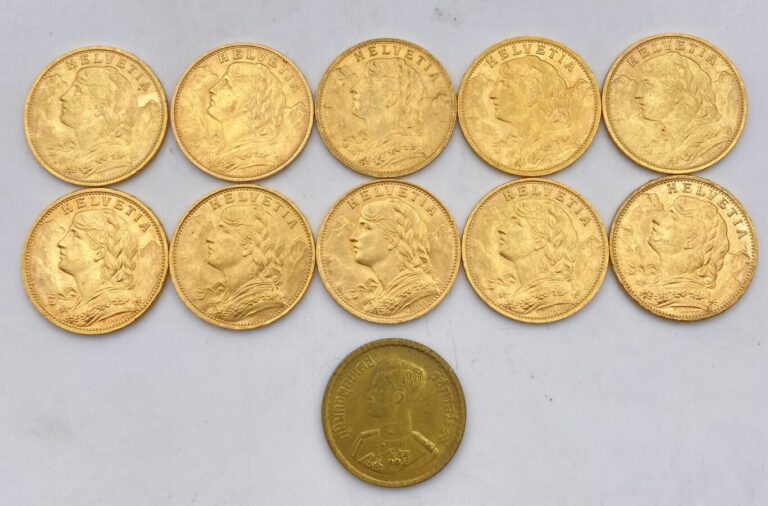 Ensemble de 10 pièces de 20 Francs or comprenant : - - -1 pièce de 20 Francs Su…