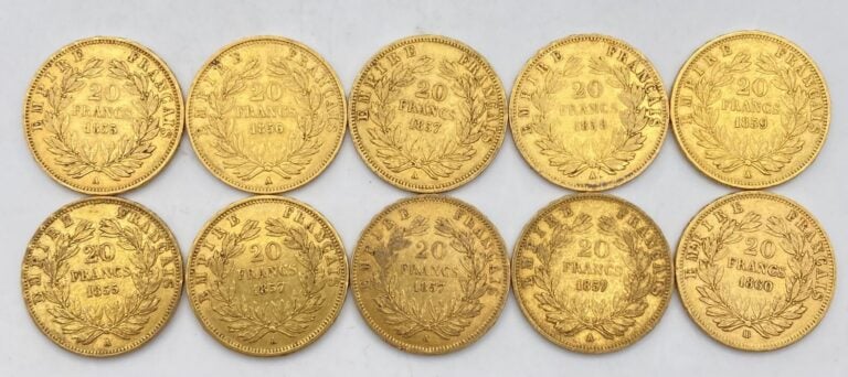 Ensemble de 10 pièces de 20 Francs or comprenant : - - -2 pièces de 20 Francs o…