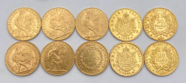 Ensemble de 10 pièces de 20 Francs or comprenant : - - -2 pièces de 20 Francs o…