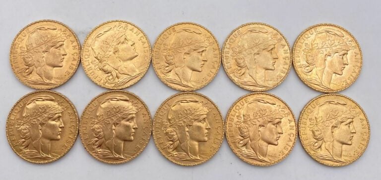 Ensemble de 10 pièces de 20 Francs or de type «  Marianne Coq IIIème République…