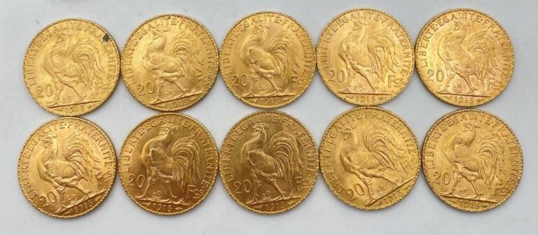 Ensemble de 10 pièces de 20 francs or de type «  Marianne Coq IIIème République…